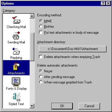 Men&ugrave; Attachments, per settare le opzioni relative alla gestione degli allegati
