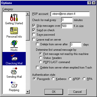 Men&ugrave; Checking mail  per settare le opzioni relative alla ricezione