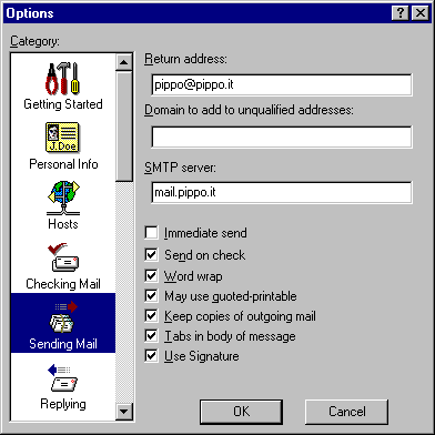 Men&ugrave; Sending Mail, per settare le opzioni relative alla spedizione